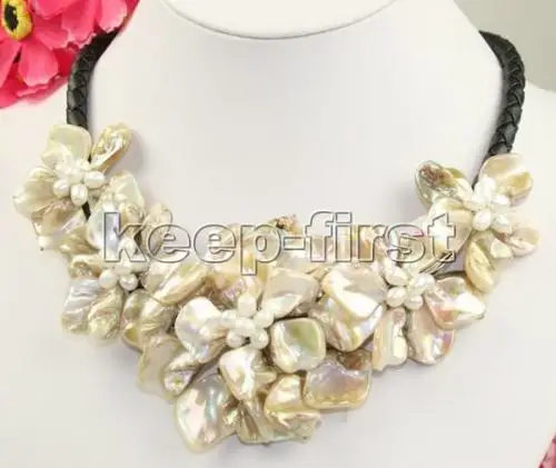

FREE SHIPPING>>>@@ > Mother of Pearl/MOP Shell FW Pearl Flower Necklace 19" ^^^@^Noble style Natural Fine jewe &