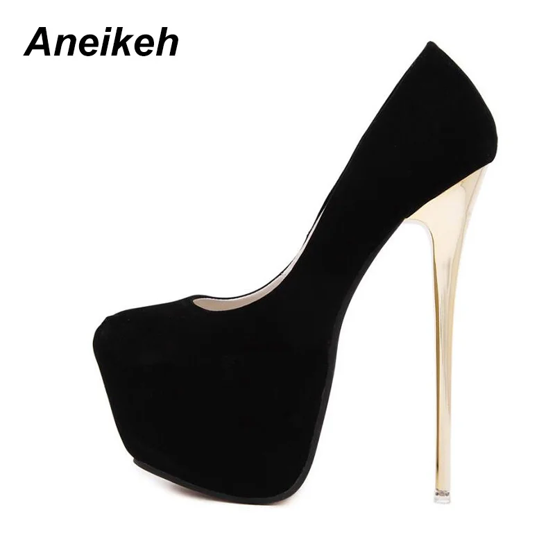 

Aneikeh Sexy Pumps Wedding Women Fetish Shoes Concise Woman Pumps Latform Very High Heel Stripper Flock Pumps 16 cm Size 44 45