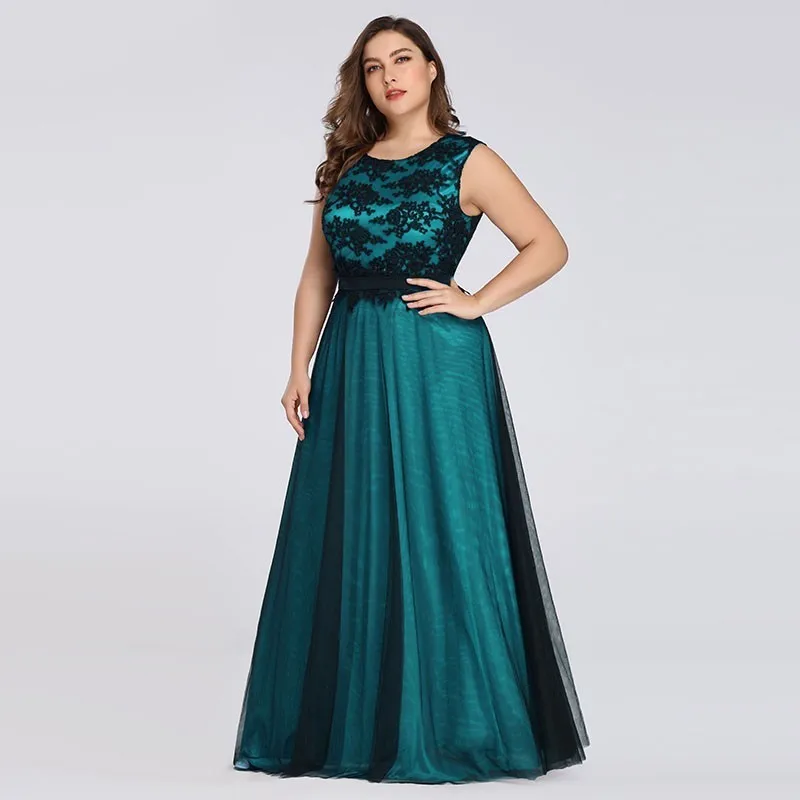 Dark Green Платья для выпускного вечера размера плюс, длинные платья Ever Pretty EZ07545, элегантное бордовое кружевное платье с аппликацией из тюля, сексуальное темно-зеленое платье для свадьбы - Цвет: Dark Green