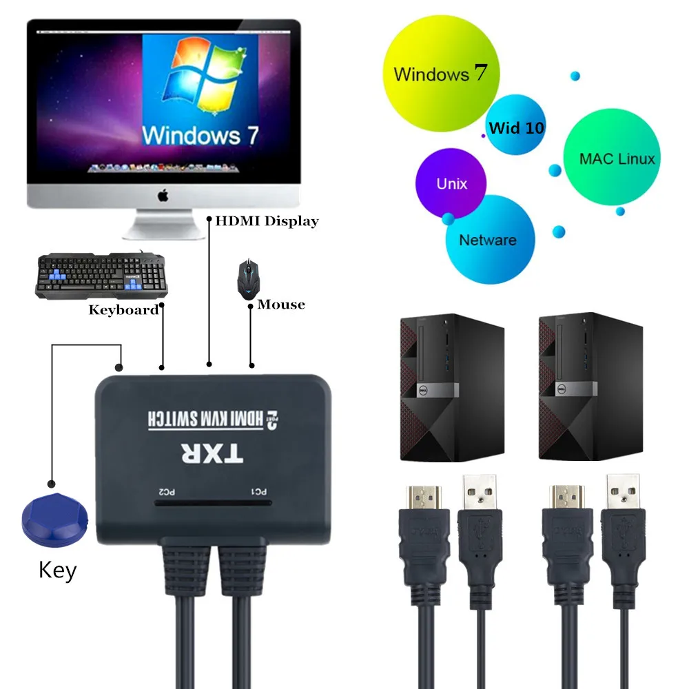 2 порта USB + HDMI KVM переключатель с кабелями мышь и клавиатура совместное устройство
