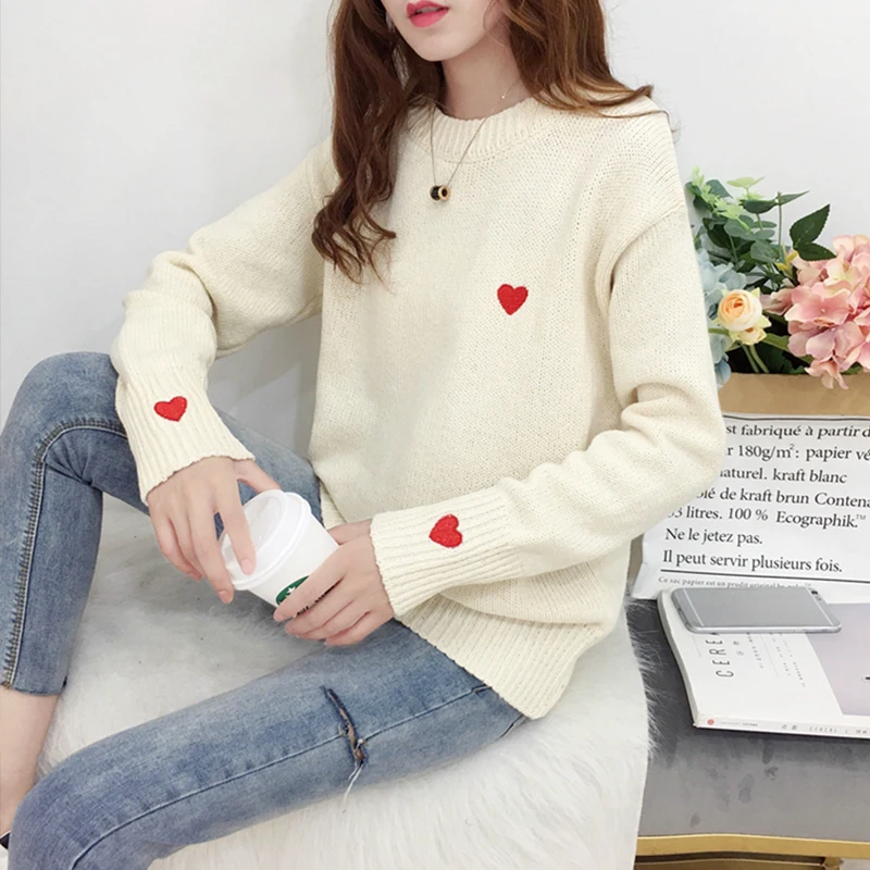 FMFSSOM Autumn Winter Knitted Heart Printed Women Pullovers Sweater Casual Woolen Warm O-neck Long Sleeve Female | Женская одежда