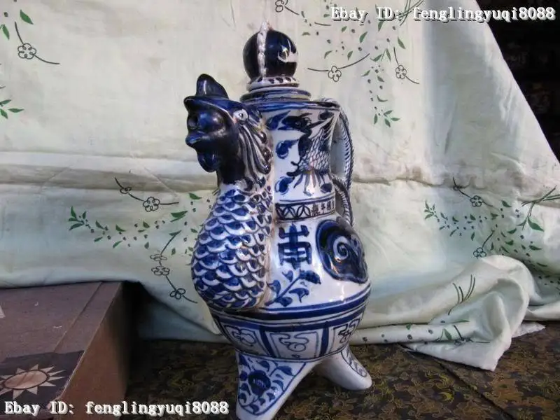 Бесплатная доставка 14 &quotКитайский винтажный синий и белый фарфор куриный чайник