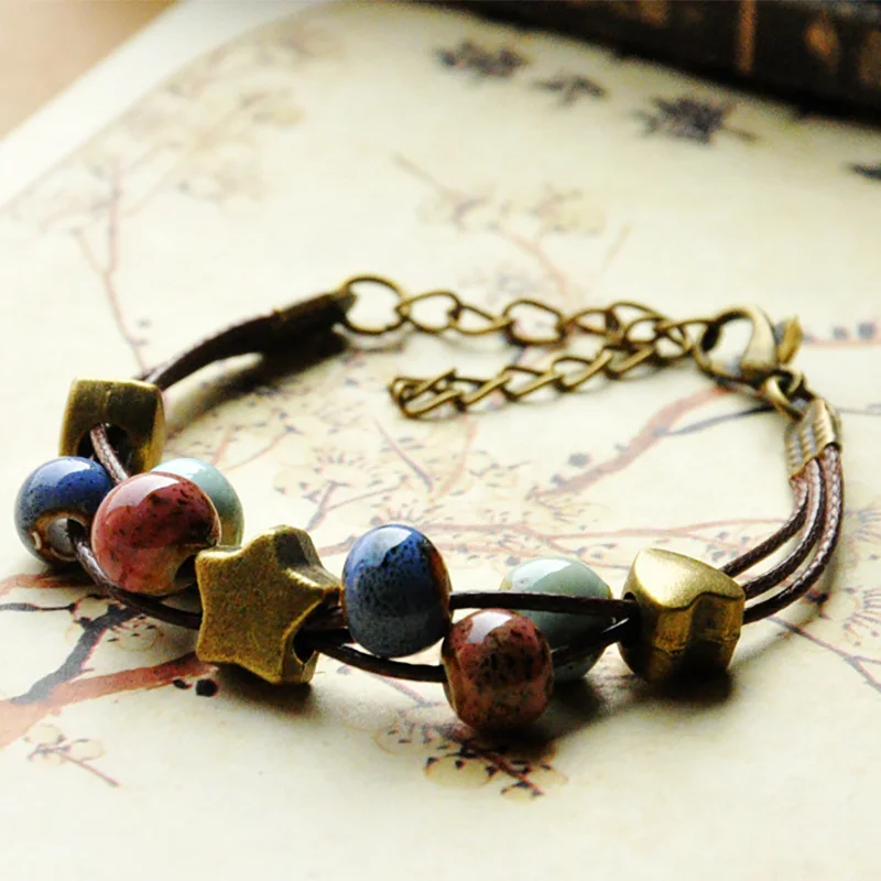 Heart Bracelets Ceramic Beads Multilayer Weave Rope Chain Star Charm Cuff Bangle Women Men Adjustable Wristbands Ethnic Jewelry | Украшения
