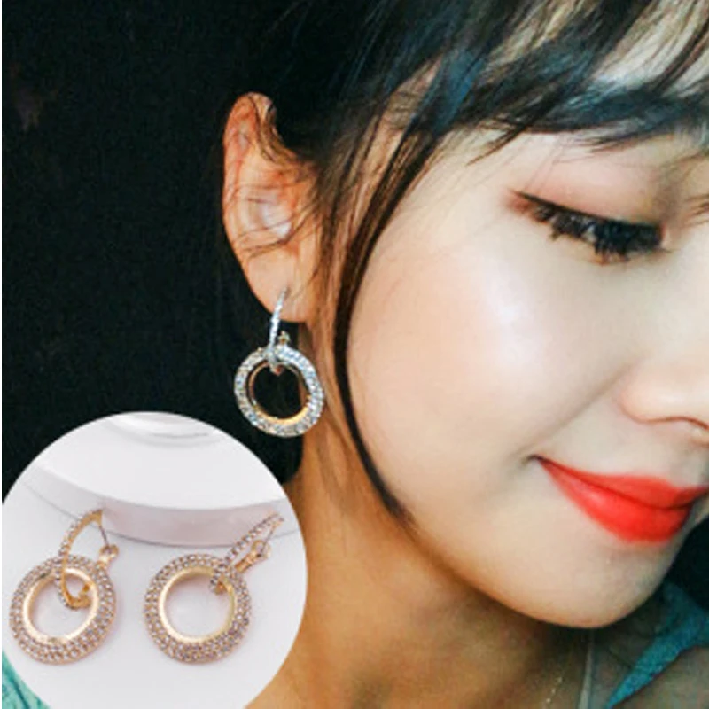 Европейский бренд серьга со стразами Мода Большой Круглый Bling Brincos двойной круг серьги-кольца элегантные женские вечерние ювелирные изделия