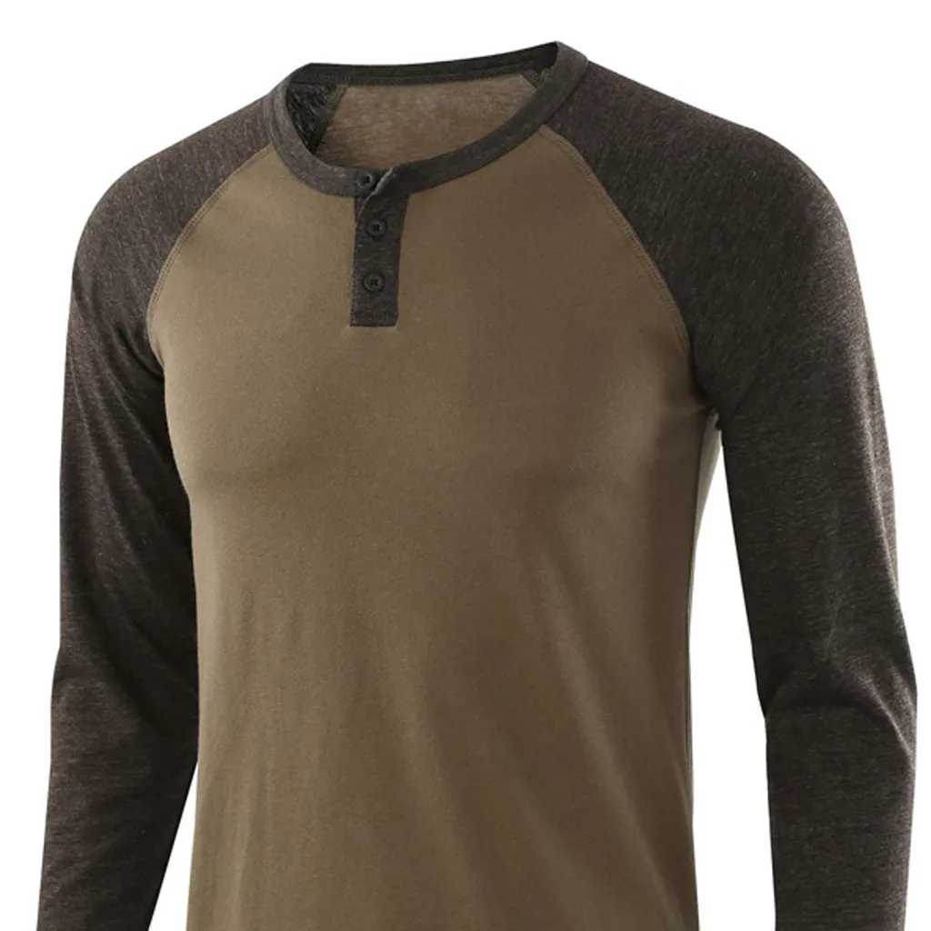 New men's solid color stitching casual long-sleeved t-shirt tops long sleeve men and women round neck shirt | Мужская одежда
