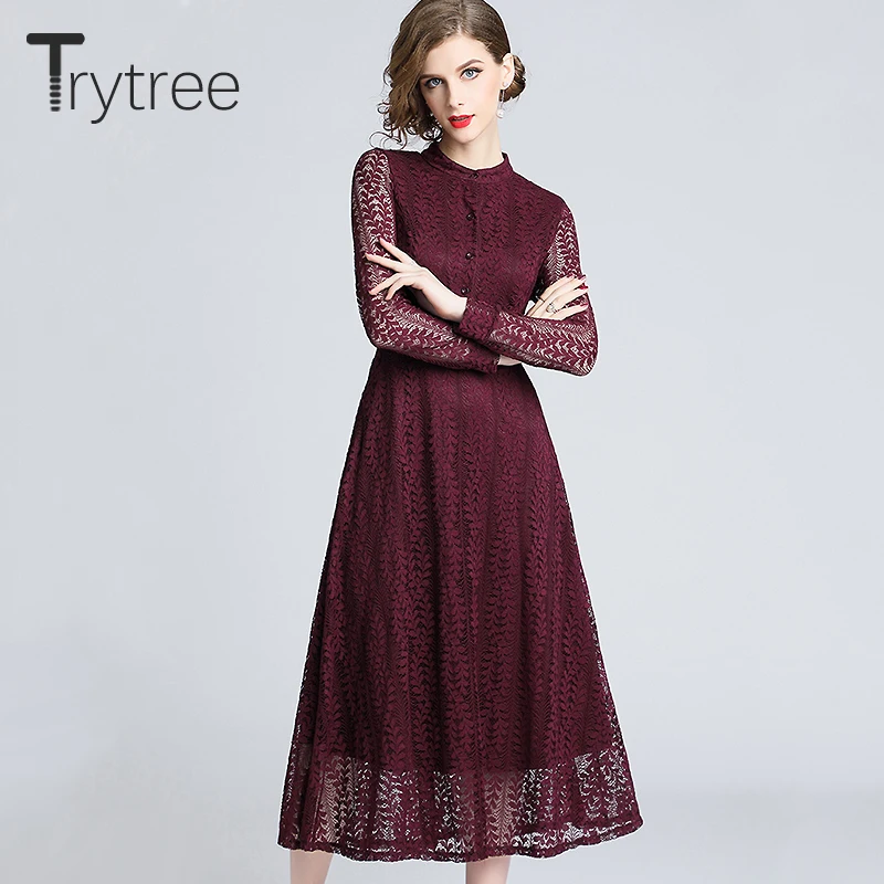 Женское кружевное платье Trytree однотонное темно красное офисное трапециевидной