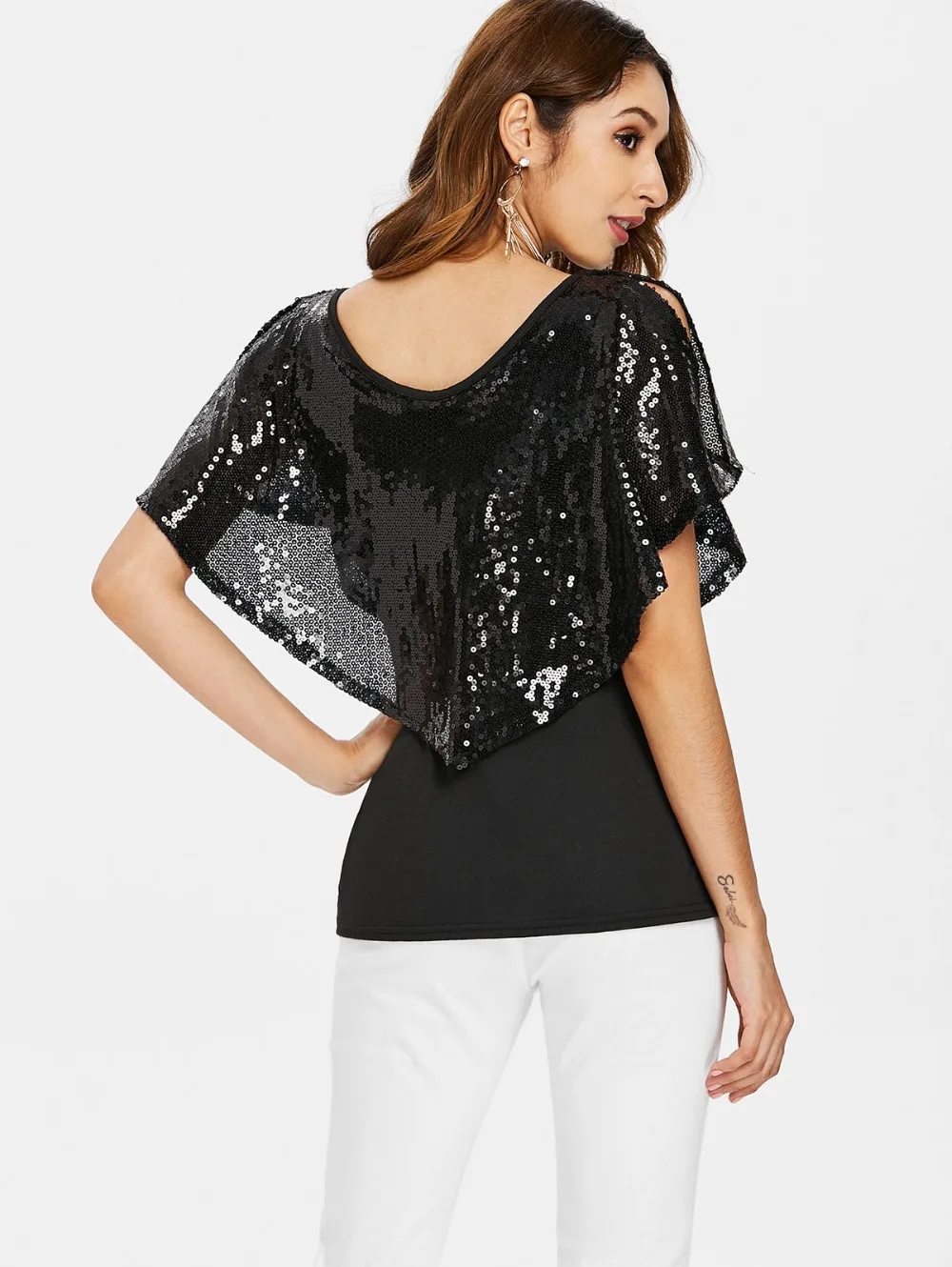 Sexy Women Plunging Neck Sequin T-shirt Summer Batwing Sleeve Solid Short Shirt Female Casual Deep V-neck Loose Tee Tops | Женская