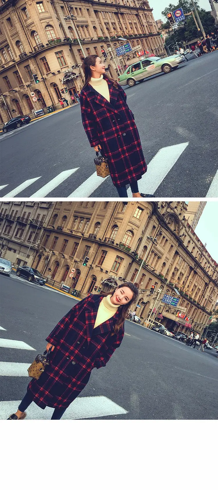 Однобортное клетчатое Длинное свободное шерстяное пальто и куртка повседневные