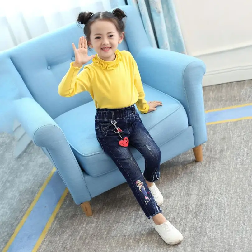 Baby girl clothes denim pants elastic waist cute print jeans spring autumn new brand boot cut trousers children ws179 |