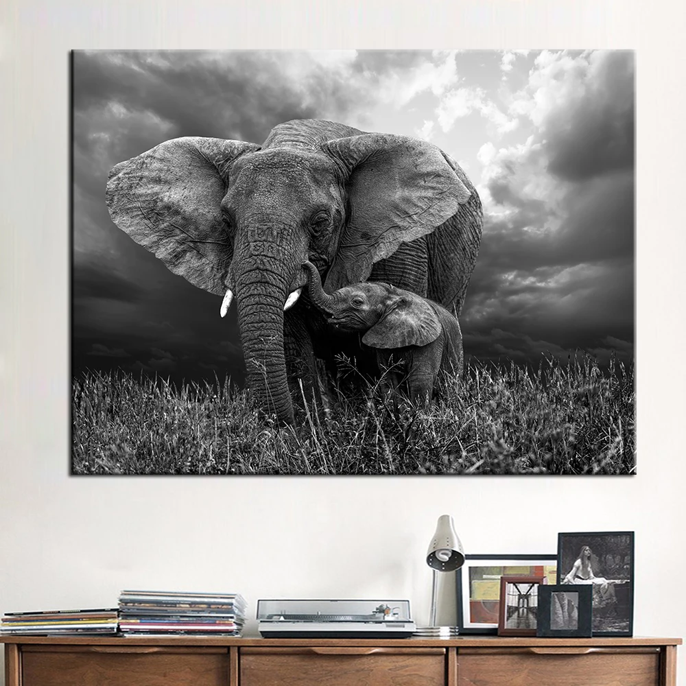QKART Wall Art Elephant Print on Canvas Animal Pictures for Living Room Home Decor Posters - Печать на холсте с изображением слона QKART Wall Art, картинки животных для гостиной, постеры для домашнего декора.