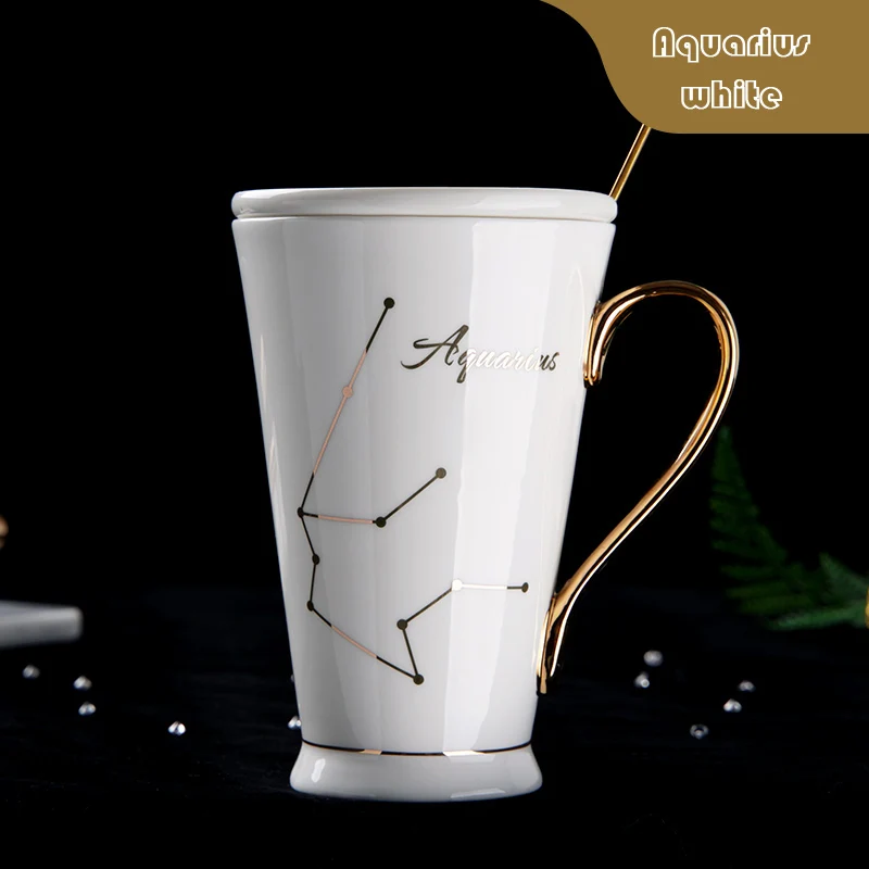 Aquarius white Wourmth 12 созвездий кружки белый и золотой костяной фарфор кофе молоко кружка с ложкой из нержавеющей стали Зодиак керамическая чашка - Цвет: Aquarius white