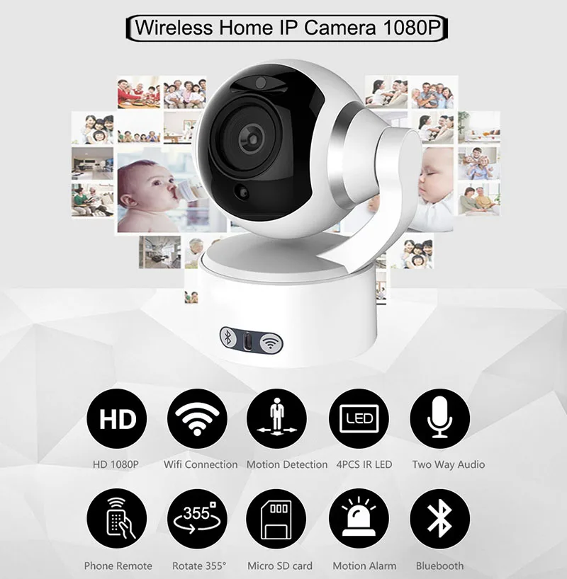 Full HD 1080P 2.0MP Домашняя сеть WIFI беспроводная камера видеонаблюдения CCTV Bluetooth PTZ IP с