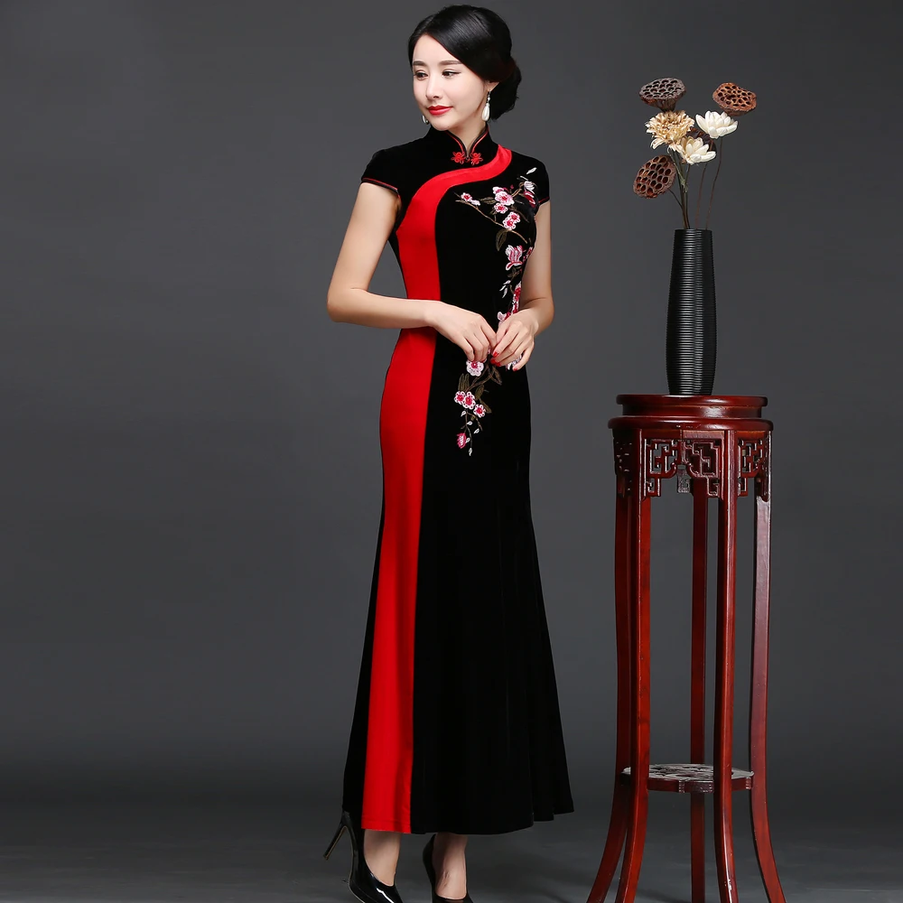 Осеннее Новое винтажное велюровое узкое длинное платье с вышитым цветком