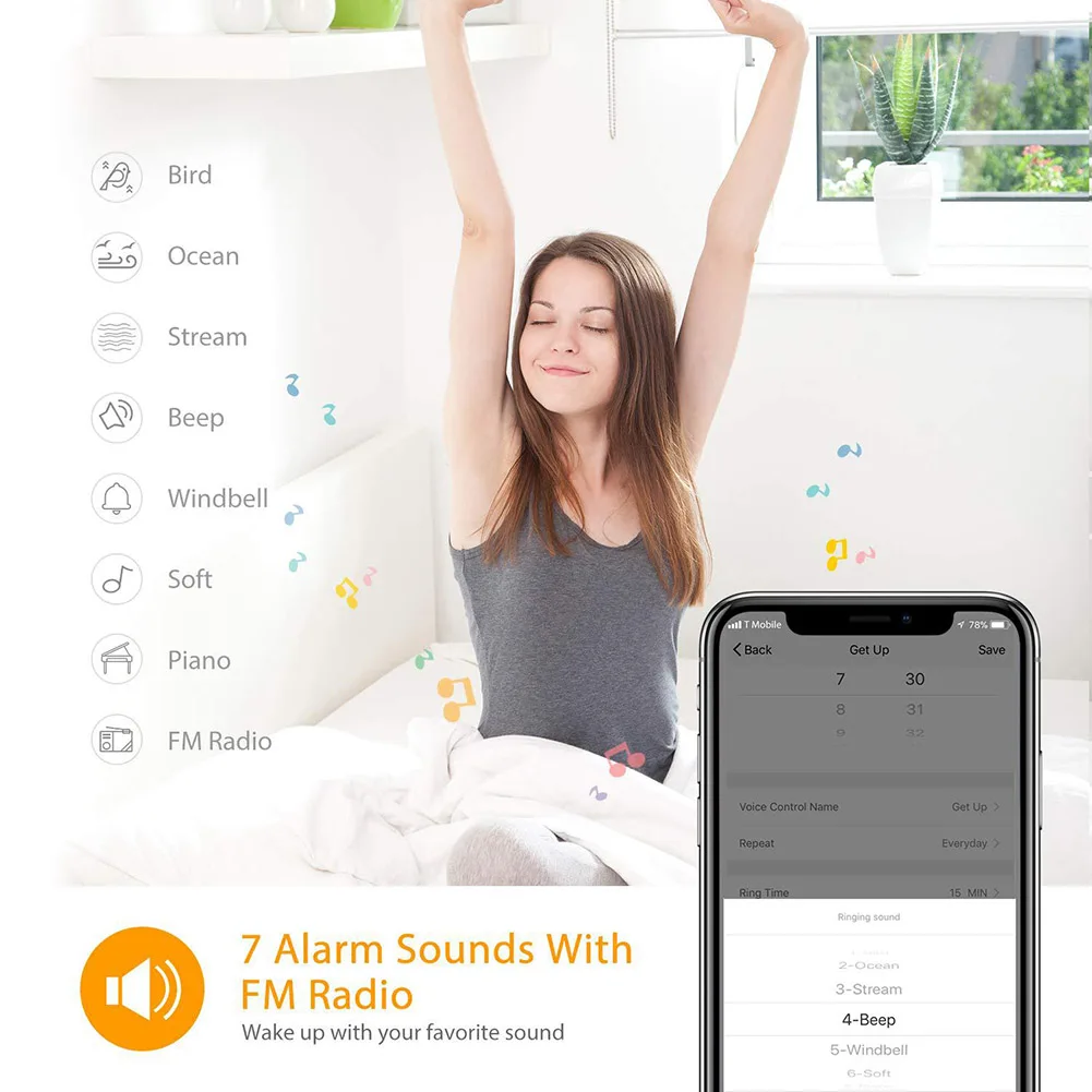 WIFI голосовой звуковой будильник светодиодный симулятор восхода солнца с fm радио