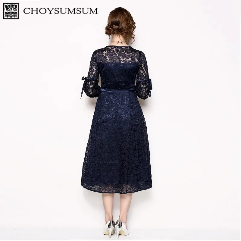 CHOYSUMSUM 2018 осеннее женское темно-синее платье с бантом и рукавами-фонариками