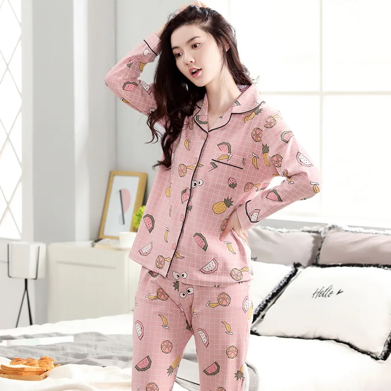 

Women 2019 long sleeve and pants Korean new spring and autumn winter cardigan cotton plaid two piece pajama sets pajama set