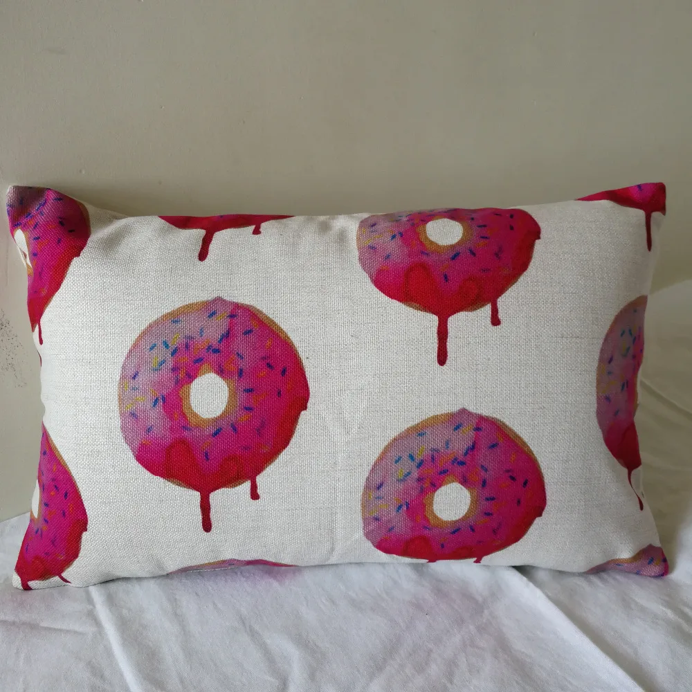 

Donut printed cushion cover /cotton linen pink pillow cover/customized size cushion sham wholesale and retail