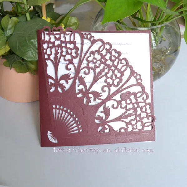 

Burgundy/wine red decorative wedding,Chinese traditional element/style wedding invitation cards fan shaped