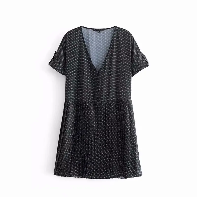 as pic DS1970AAZZ Женская мода v-образным вырезом с коротким рукавом shirtdress шарф в горошек и пуговицы повседневные платья женские подол лоскутное плиссированные платья DS1970 - Цвет: as pic DS1970AAZZ