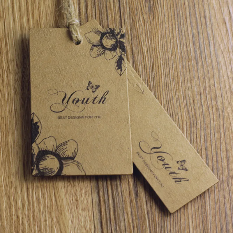 

Promotion cheap fashion print garment hang tags with strings VK256