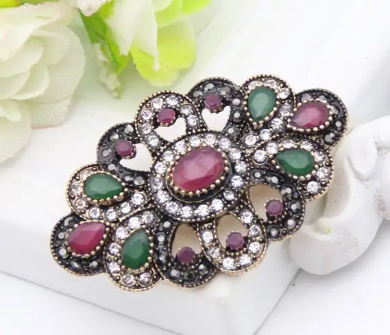 Античная Турецкая женская круглая брошь Bijoux Ретро Золотой цвет корсаж цветок полимерные брошки для отворота хиджаба заколка на шарф ювелирные изделия - Окраска металла: FA00203red
