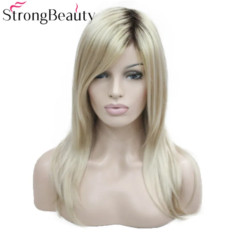 StrongBeauty Long Straight Wigs Women's Synthetic Wig Dark Roots Honey Blonde Hair Ombre Natural Wigs