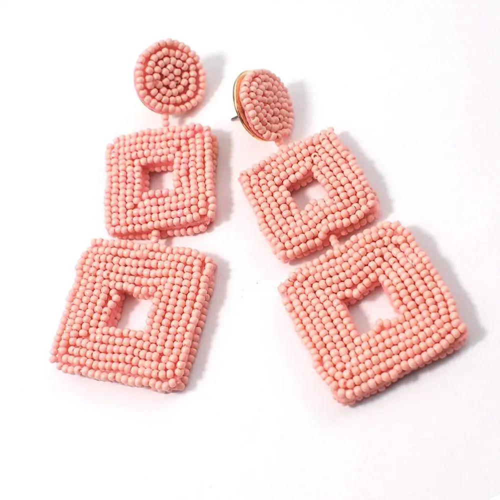 Pink Earrings MANILAI Square Handmade Beads Drop Earrings For Women Jewelry Geometric Dangle Earrings Statement Big Bead Pendant Wedding - Окраска металла: Pink Earrings