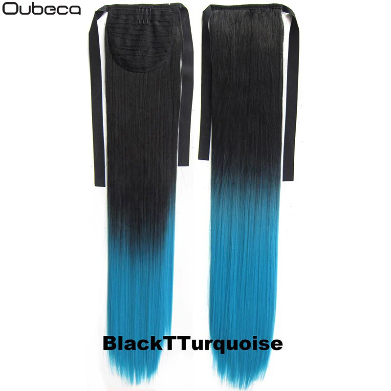 BlackTTurquoise Oubeca, 22 дюйма, синтетические ломбер, конский хвост, прямые, длинные, два тона, лента, конский хвост, волосы для наращивания на заколках для женщин - Цвет: BlackTTurquoise