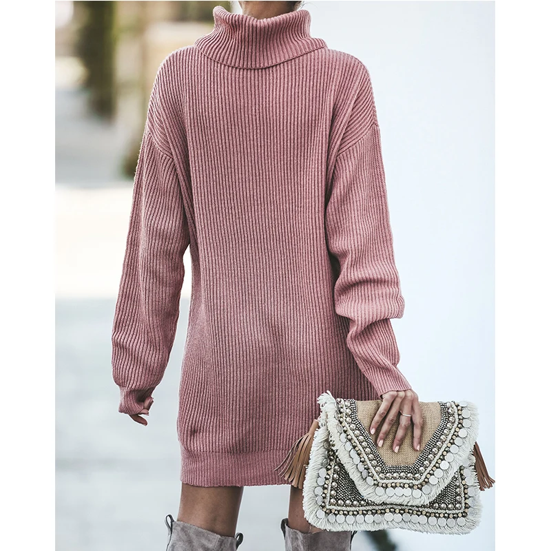 Autumn Winter Office Long Turtleneck Pulover Pink Knitted Warm Sweater Dress Women Korean Streetwear Sleeve Ribbed | Женская одежда