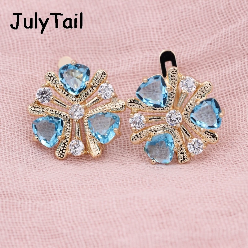 Exclusive RU Hot 585 Rose Gold Blue Triangle Cubic Zirconia Big Earrings For Women Jewelry Luxury Vintage Round Crystal | Украшения и