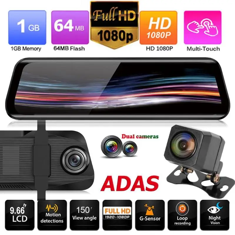 Anytek T11 9.66In ips Сенсорное зеркало заднего вида, автомобильная dvr камера 1080 P/720 P, двойной объектив, ADAS, видеорегистратор для вождения, g-сенсор, видеорегистратор