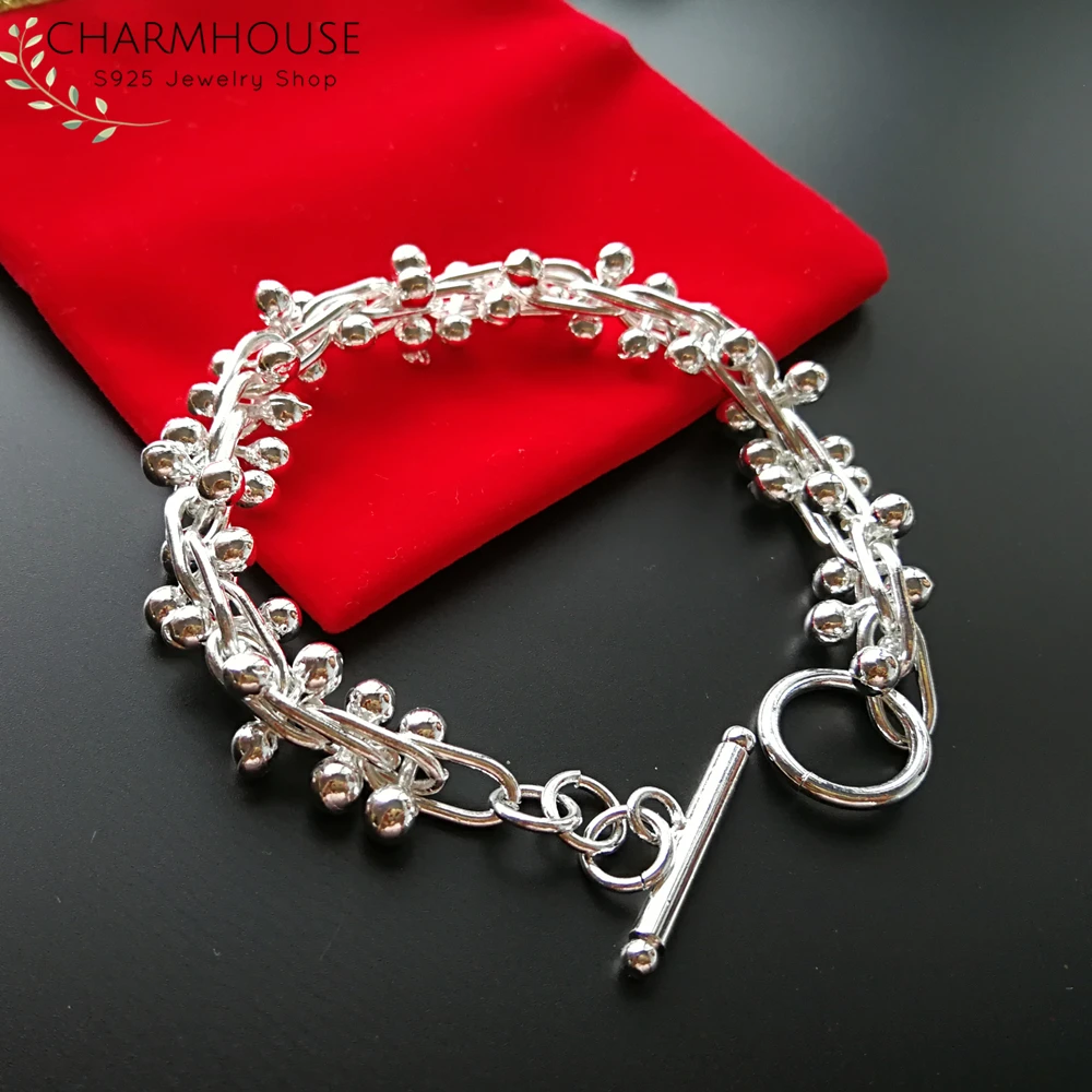 Charmhouse Твердые 925 серебряные браслеты для женщин виноградные бусы цепь браслет на