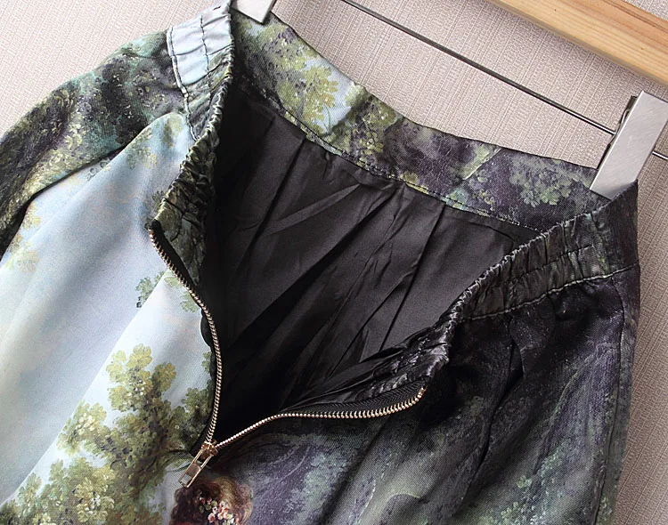 

Women Vintage Elastic Waist Skirt Knee Length Retro Oil Painting Skirts Girl High Waist Pleated Skater Skirt