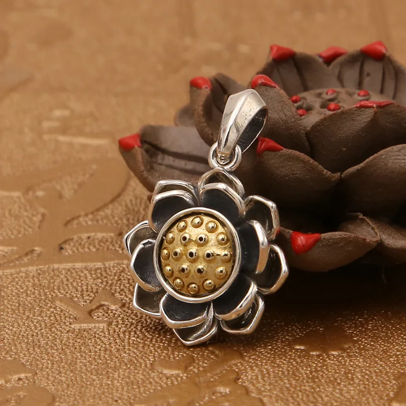 

100% Real 925 Sterling Silver Brand Pendant Indian Jewelry for Men Women Vintage Rotate Lotus Necklace Pendant Fashion Jewelry