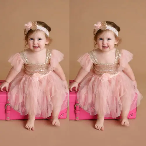 2018 New Summer Princess Formal Pink Tulles Sequin Dress Kids Baby Girl Lace Floral Party Sleeveless Sundress+Headband Set | Детская