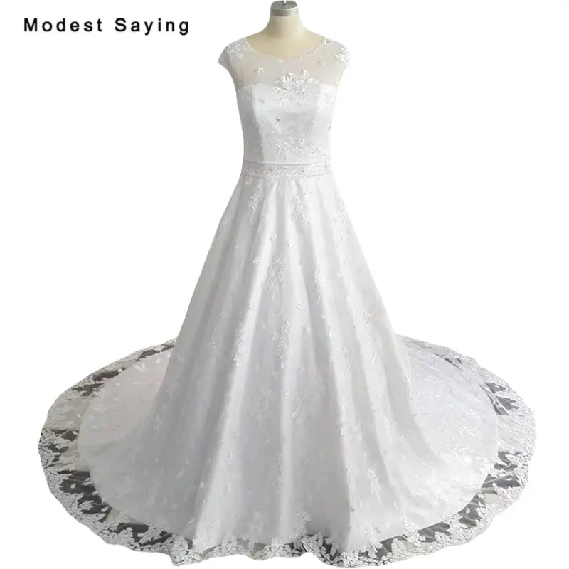 

New Collection 2018 White A-Line Cap Sleeves Lace Wedding Dresses Formal Women Beaded Plus Size Bridal Gowns vestido de noiva