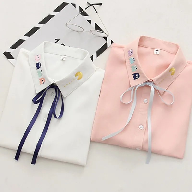 

2019 Spring Solid Women Blouses Bow Embroidery Turn-down Collar Shirts Casual Long Sleeve Ladies Tops Fashion Corduroy Blusa