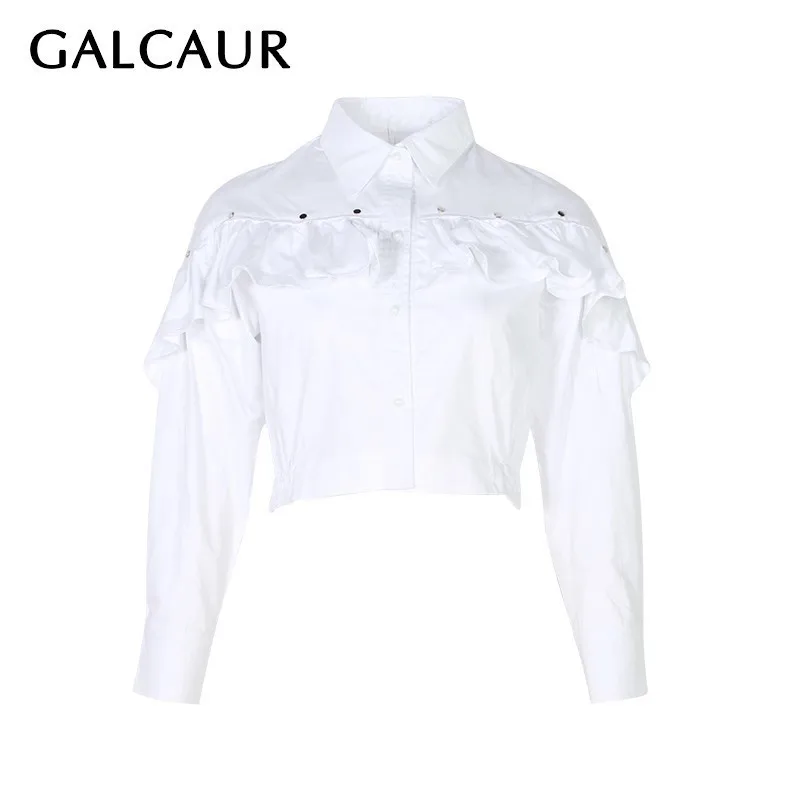 Женская блузка с длинным рукавом GALCAUR белая отложным воротником и оборками на