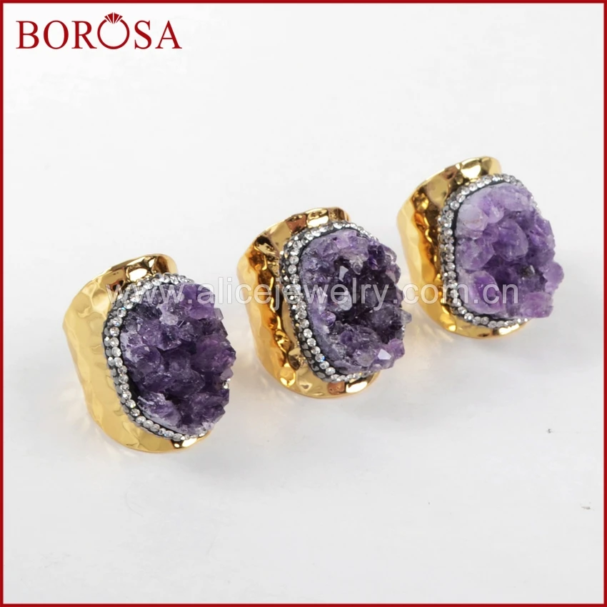 

BOROSA Gold Color Druzy Ring Round Raw Natural Purple Crystal Quartz Druzy Stone Ring With Rhinestone Paved for Women JAB592