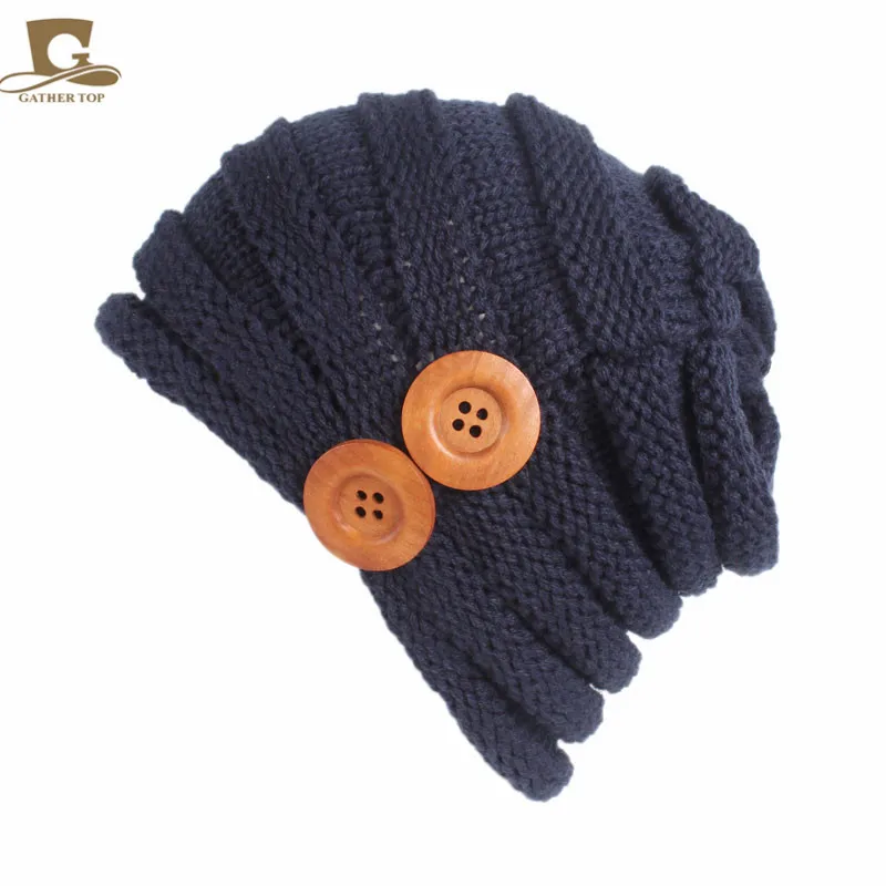 Navy blue Хит, зимняя вязаная шапка Skullies, двойные деревянные кнопки, шапочки, шапка, наборы головных уборов, толстые теплые шапки для женщин с пуговицами - Цвет: Navy blue