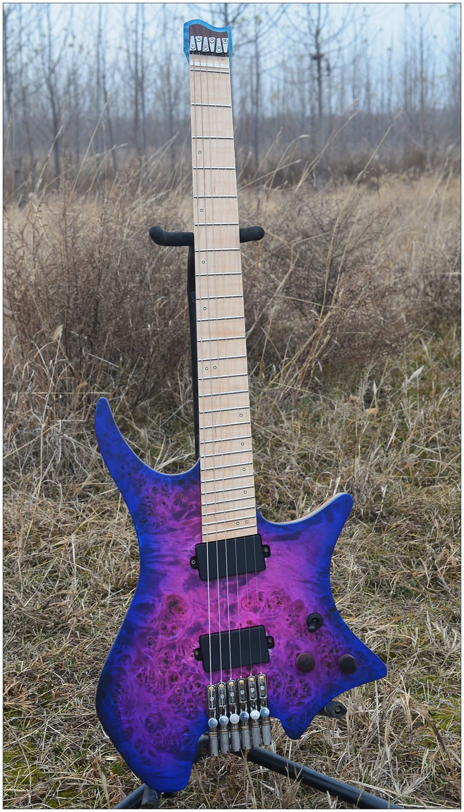 New NK Headless guitar Fanned Frets guitar Blue/Purple Color Eye Poplar top Flame maple Neck Eelectric Guitar free shipping