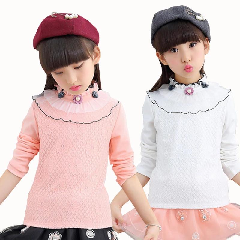 

Girls Flower Blouse Autumn Winter Kids Clothes Shirt Warm Turtleneck Cotton Tops Tee Children Lace 2-13Yrs Girl School Clothing