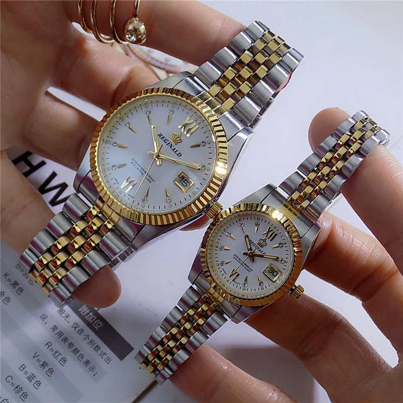 Мужские и женские наручные часы Reginald золотые кварцевые в деловом стиле подарок