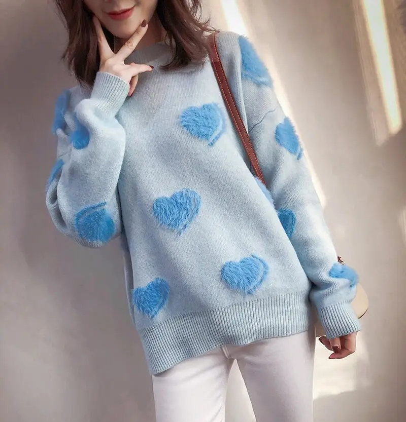H.SA Women Harajuku Pullover and Sweaters 2019 Sprig New Sweert Heart Yellow Pink Pull Jumpers Korean Kninweat Casual Tops Femme | Женская