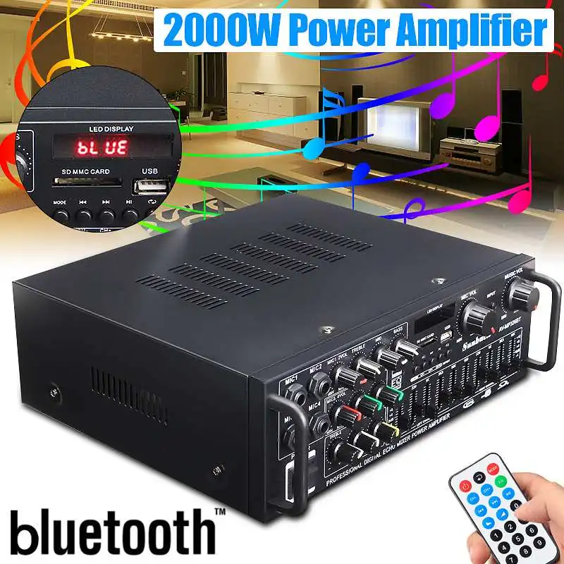 Bluetooth 2,0 канальный 2000 Вт аудио усилитель мощности HiFi 326BT 12 В/220 В AV усилитель динамик с пультом дистанционного управления для автомобиля дома