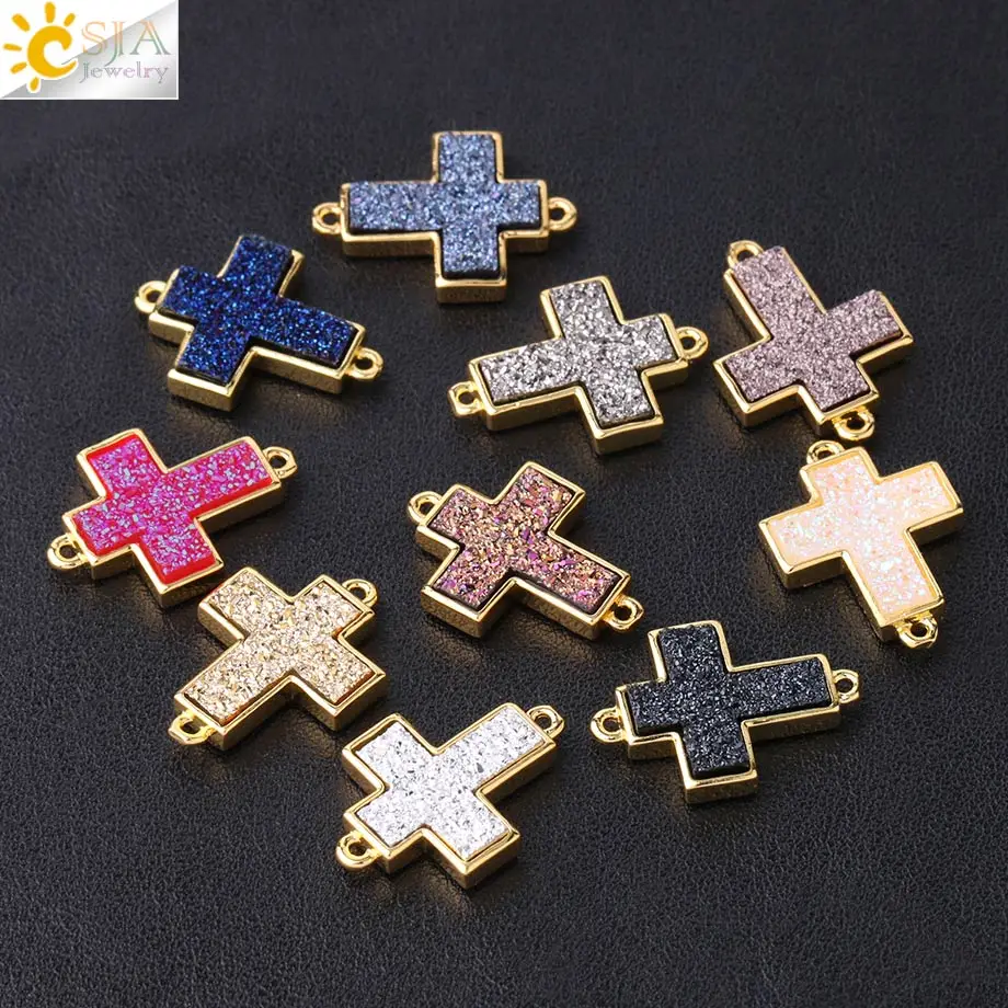 CSJA унисекс крест бусины из драгоценного камня 10 шт. золотого цвета с двойной