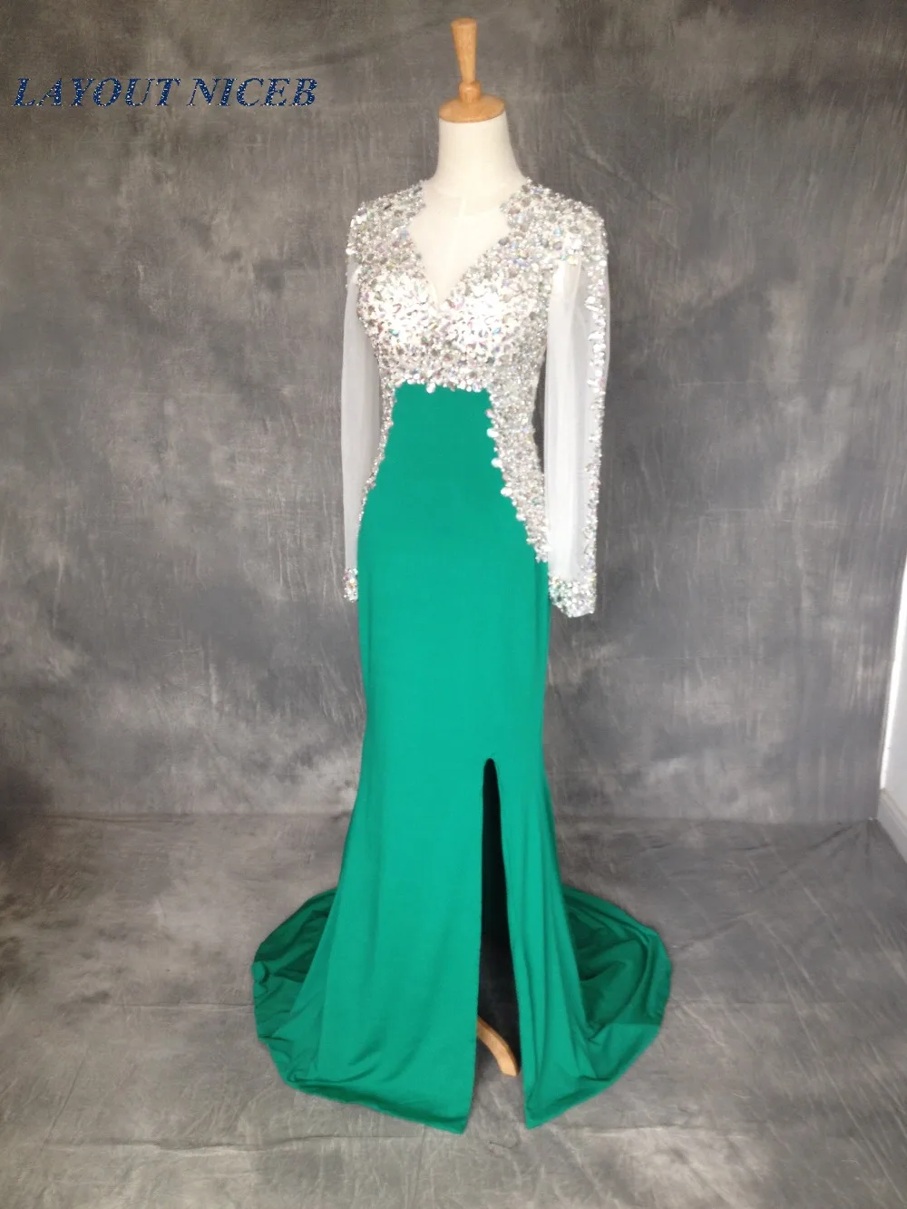 Зеленый vestido de formatura 2015 бриллиантовое выпускное платья с длинным рукавом со