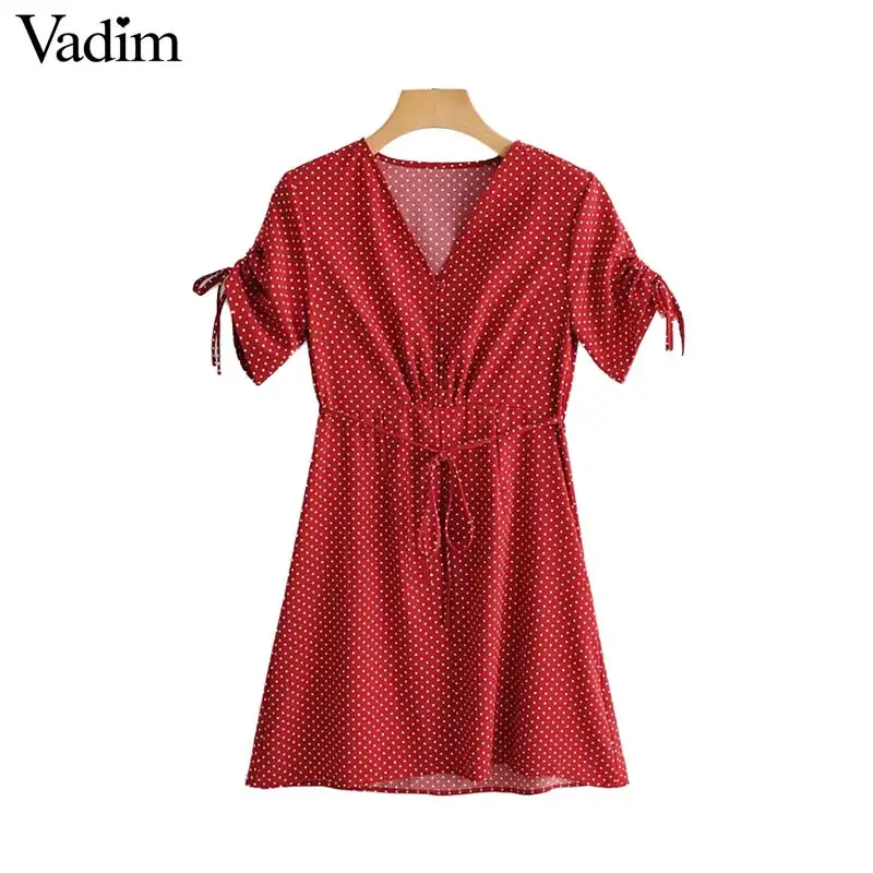 Vadim милый Женский в горошек мини платье галстук бабочка пояса Стильный V образным