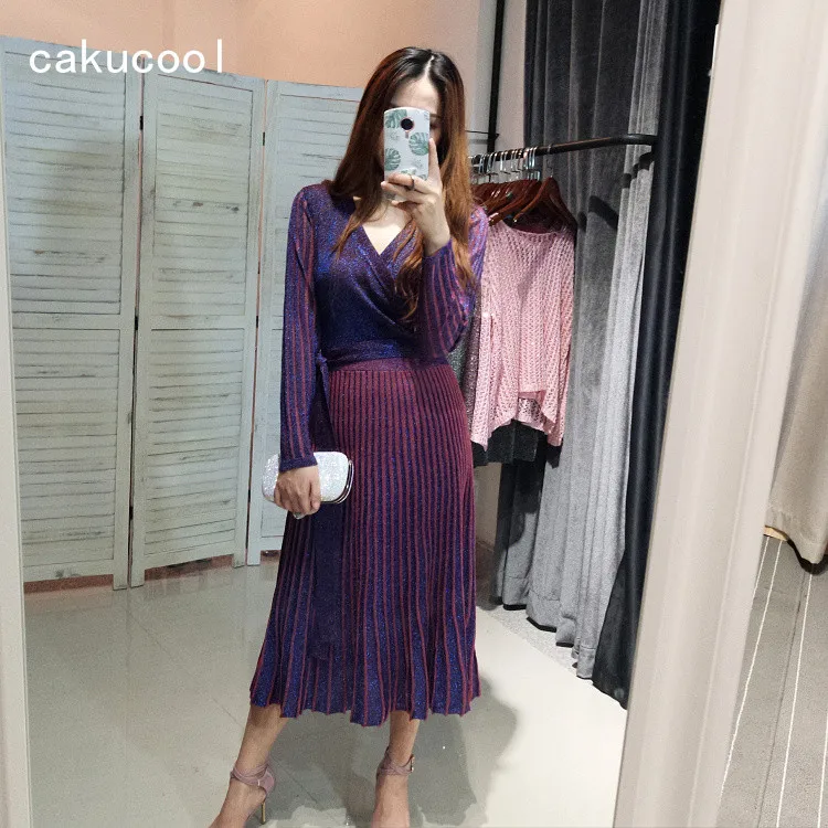 Cakucool Женский вязаный весеннее платье с длинным рукавом v образный вырез