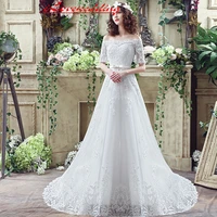 ilovewedding wedding dress boat neck lace applique custom made a line court train vestido de novia bride dress